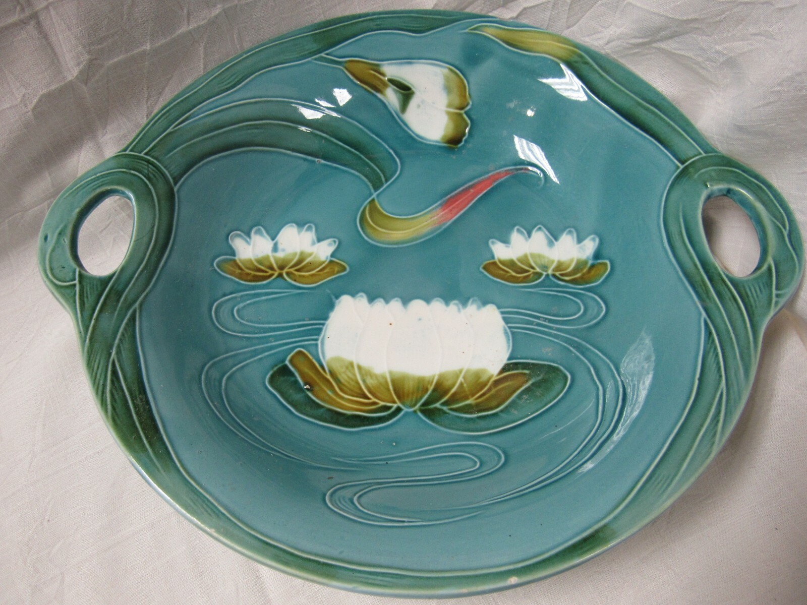 Antique Zell Lilies Majolica Dish With Handles, 11 3/4 Inches, Wedding Gift
