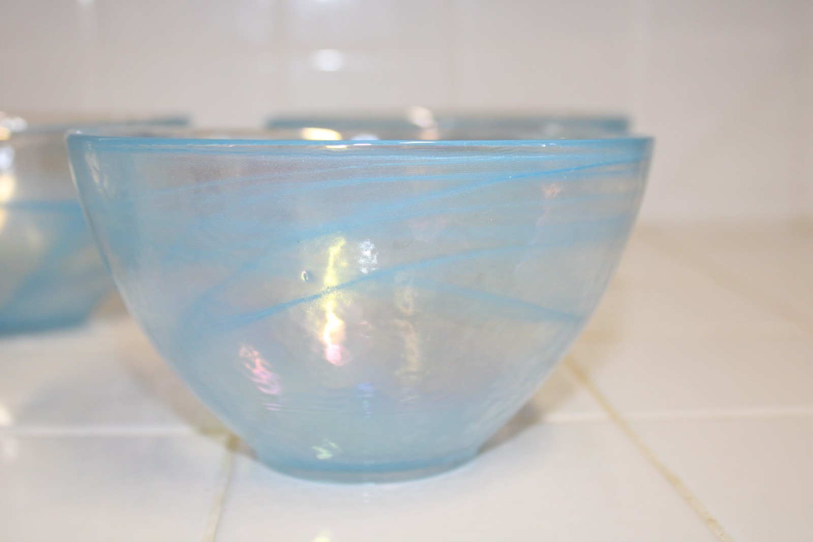 Set of 4 Iridescent Aqua Blue Swirl Art Glass Soup/Cereal/Salad/Dessert Bowls