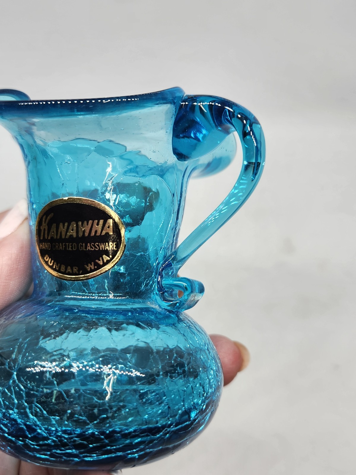 Vintage Kanawha Blue Crackle Glass Creamer Pitcher 3 Inches Glows!
