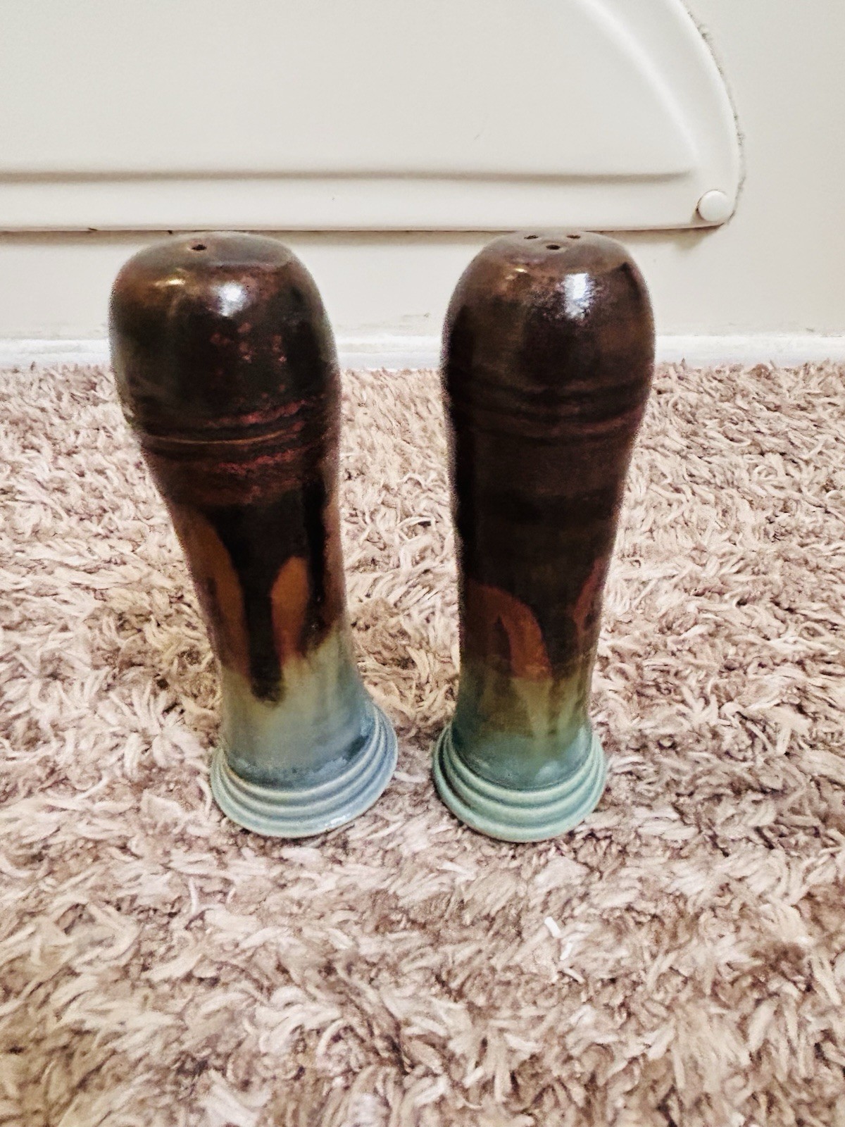 Bill Campbell Pottery Salt And Pepper Shakers Drip Glaze Blue Brown Purple