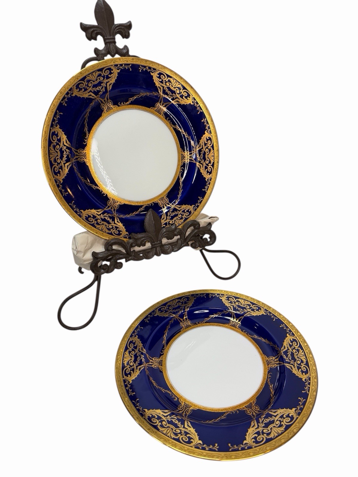 Antique Minton Porcelain 2 Dinner Plates w Raised Cobalt Blue Gold Rim 10 1/8 in