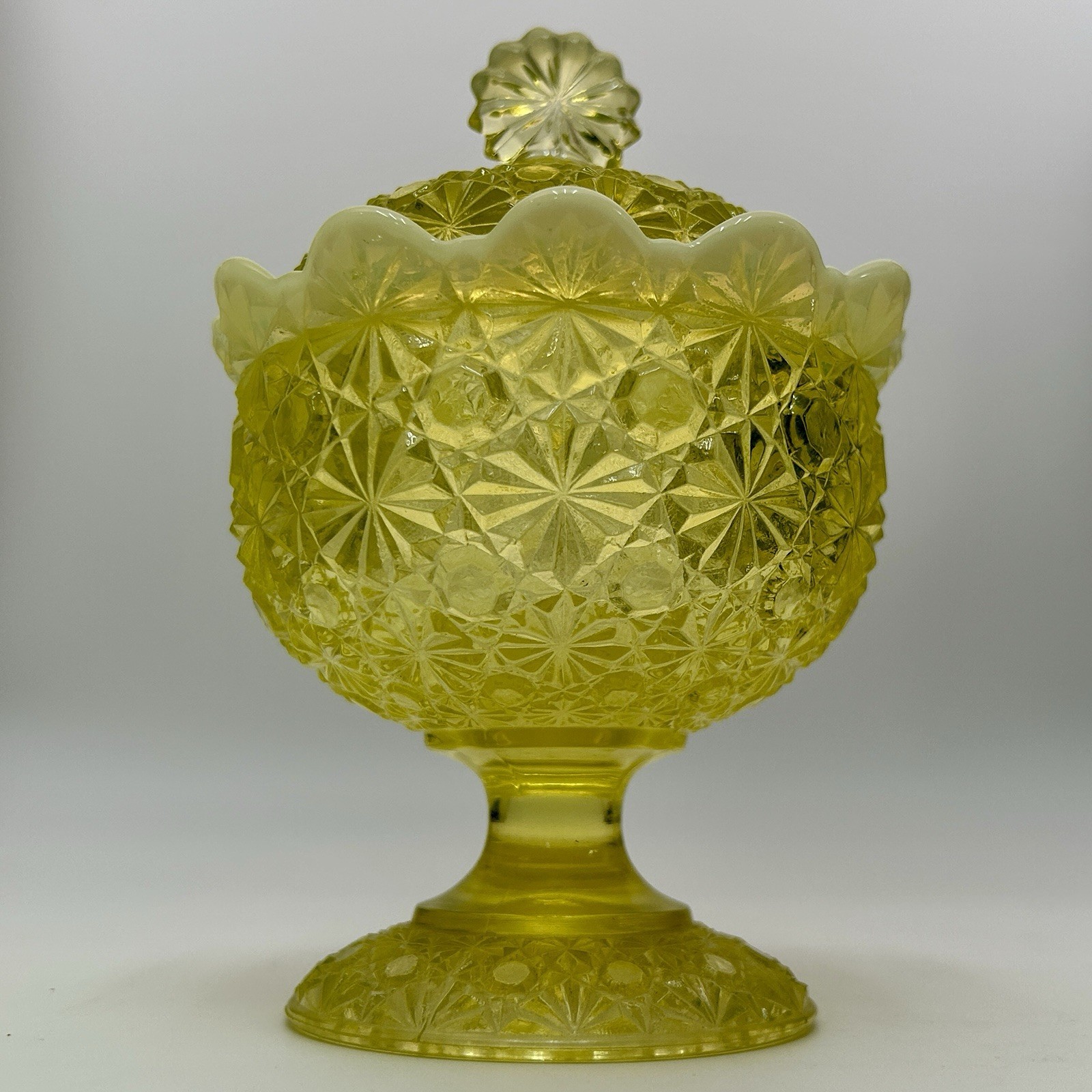 L.G. Wright Fenton Daisy Button Yellow Vaseline Uranium Opalescent Compote VTG