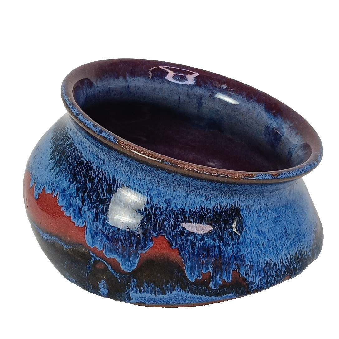 Art Pottery Studio Handcrafted Bowl Red Clay Blue Brown Glaze Slanted Angled