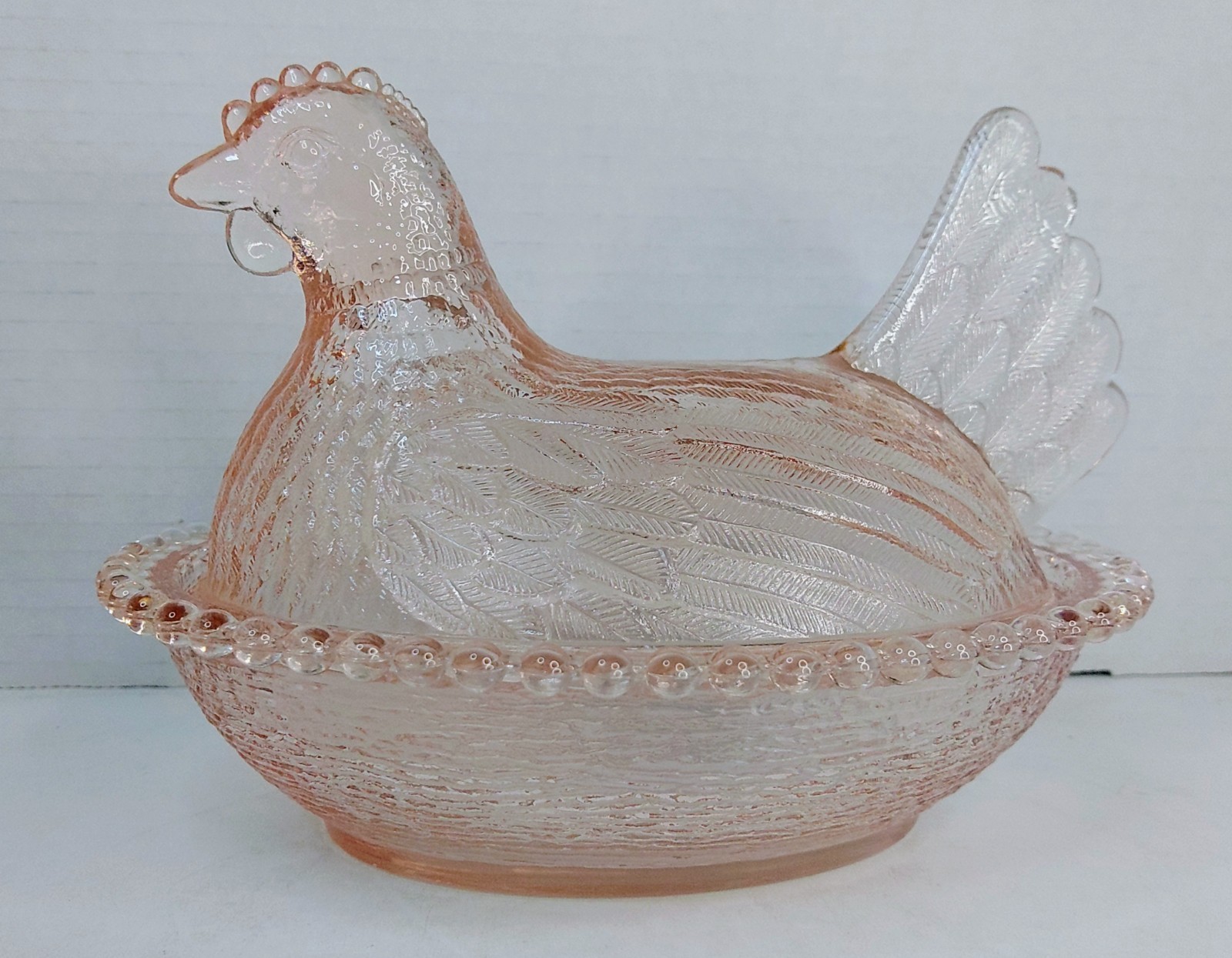 Vintage Indiana Glass Hen On Nest Rare Light Pink Peach MCM HON 7″