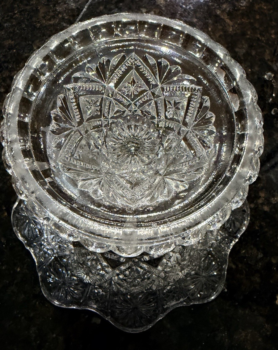 EAPG Clear Pressed Glass Covered Compote Diamond Fan Pineapple Finial UV365 Glow