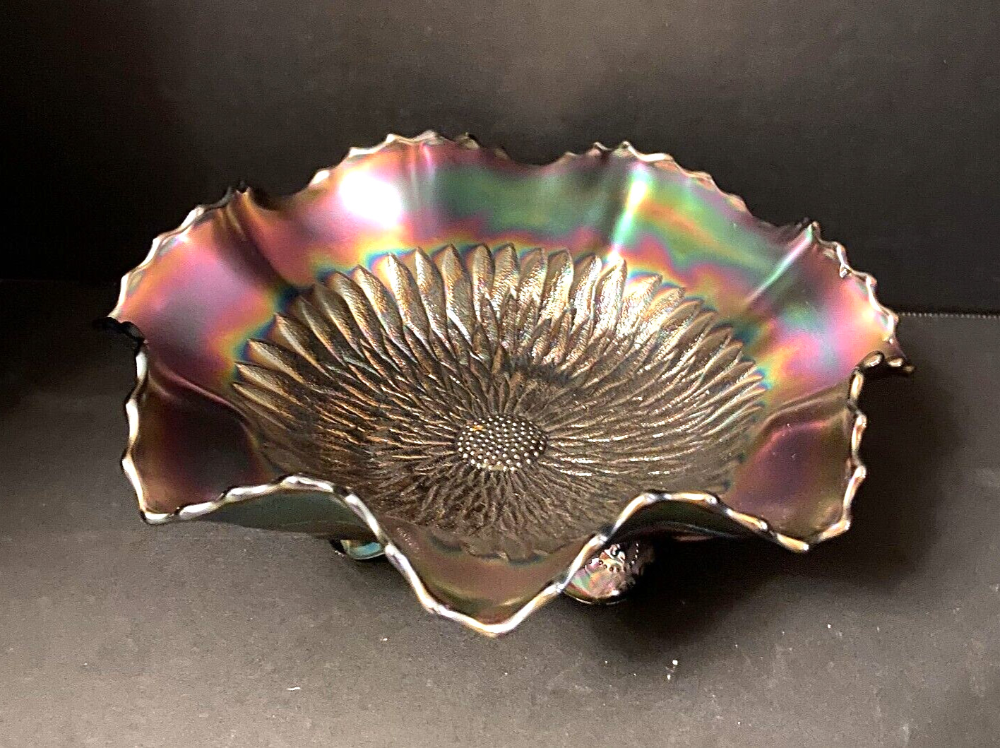 NorthWood Amethyst Carnival Glass Sunflower Ftd Ruffled Bowl