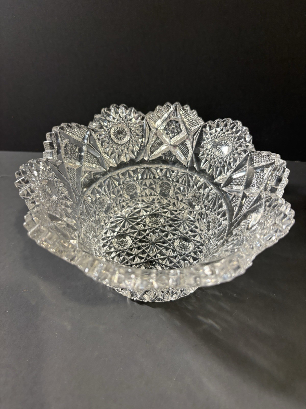 Antique American Brilliant Period Cut Glass Bowl Crystal Hobstar Sawtooth 6”
