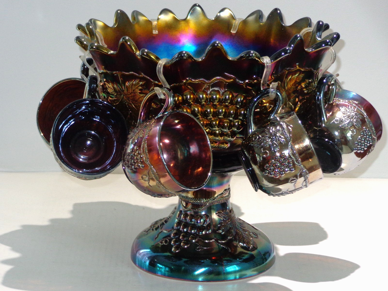 1910s Northwood Amethyst Carnival Glass Grape & Cable Table Size Punch Bowl Set