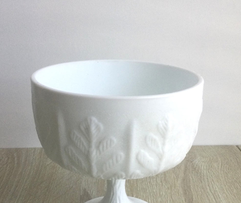 Vintage FTD White Milk Glass Large Pedestal Compote Oak Leaf Pattern