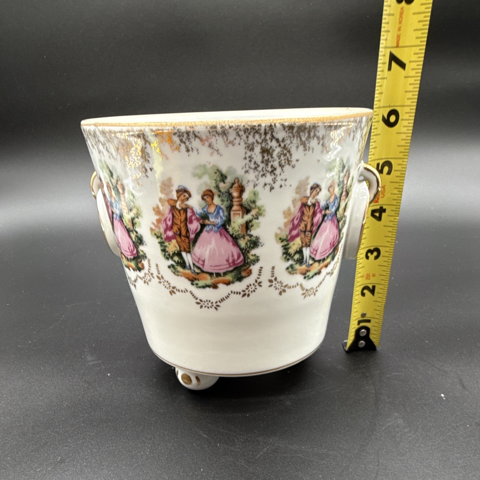 Japan White Ceramic Footed Bowl Gold Ring Handles Courting Couple 5in