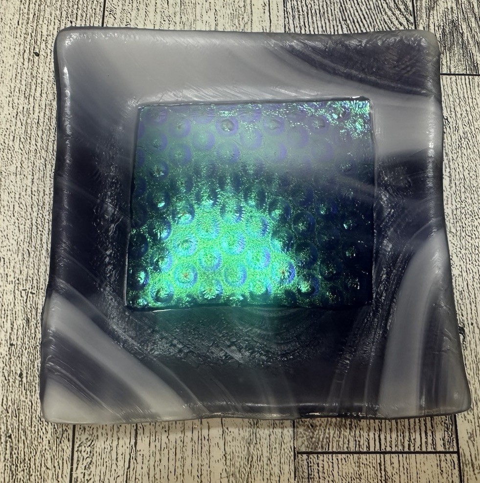 Handmade Fused Glass Art Abstract Modern Dichroic Trinket Dish Signed 4″x4″