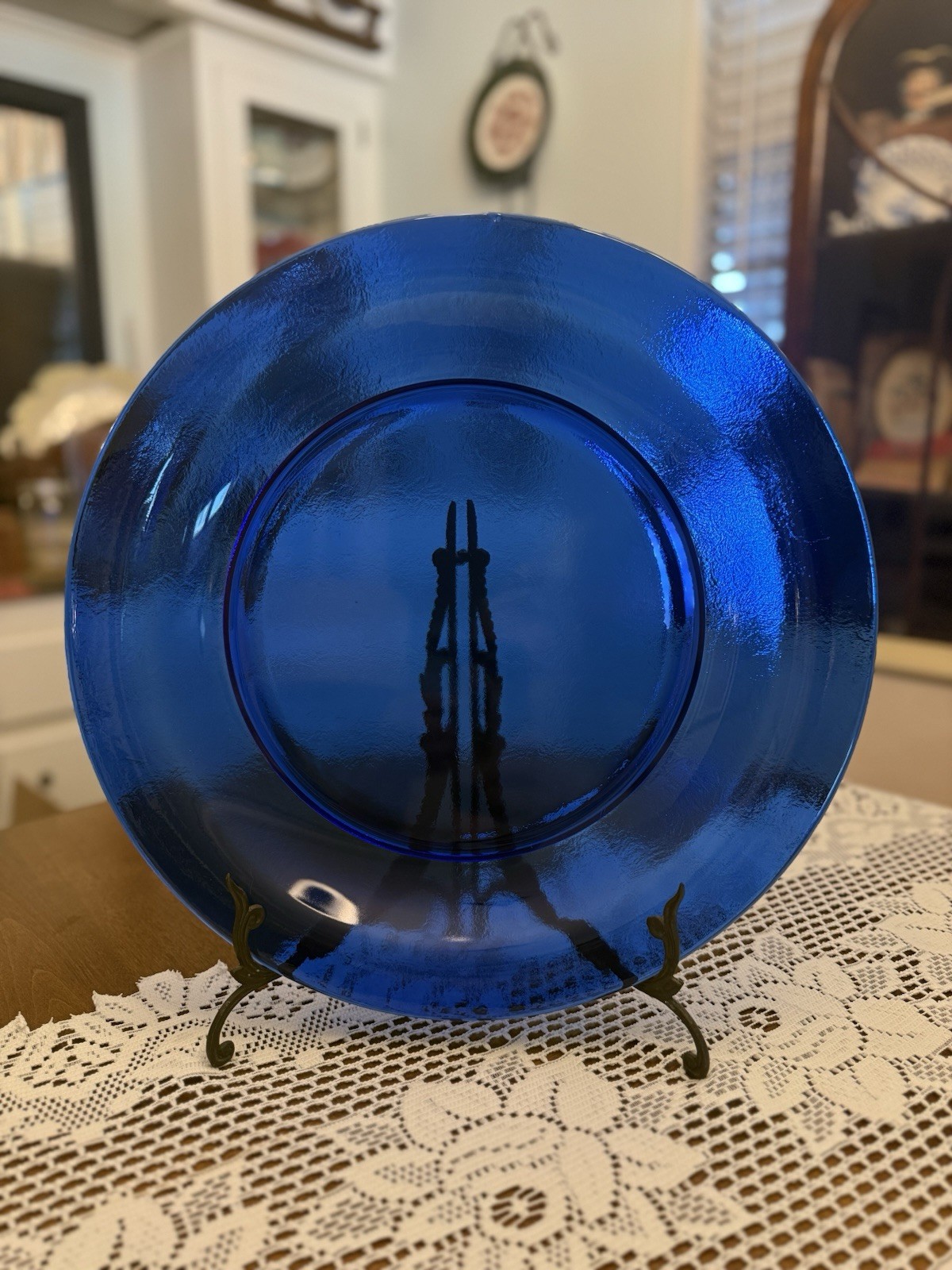 VTG Italy Cobalt Blue Texture Glass Centerpiece Set 15” Platter 13” Serving Bowl