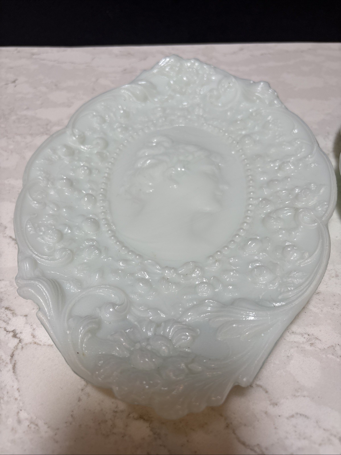 Antique Milk Glass Oval Rococo Pierced Relief Dish Set Jenny Lind