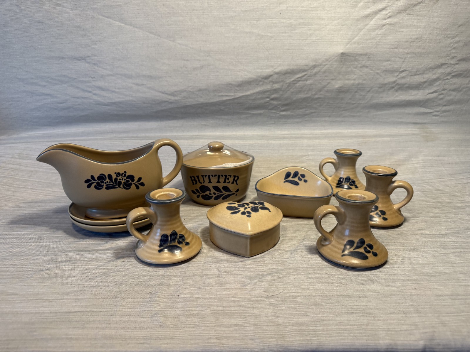 Pfaltzgraff Folk Art Stoneware Lot Gravy Boat Butter Dish Candlesticks 8pc