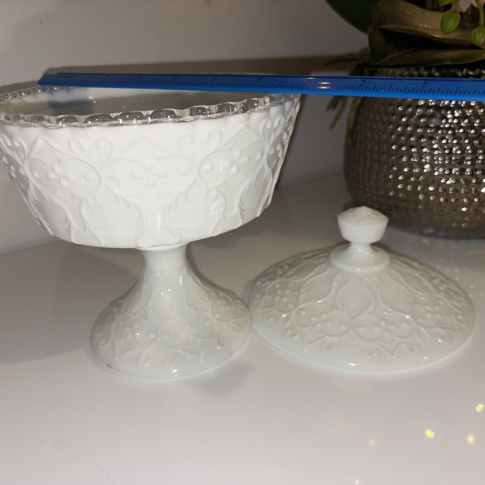 Fenton Milk Glass Silver Crest W/ Spanish Lace Footed Compote Candy Dish W/Lid