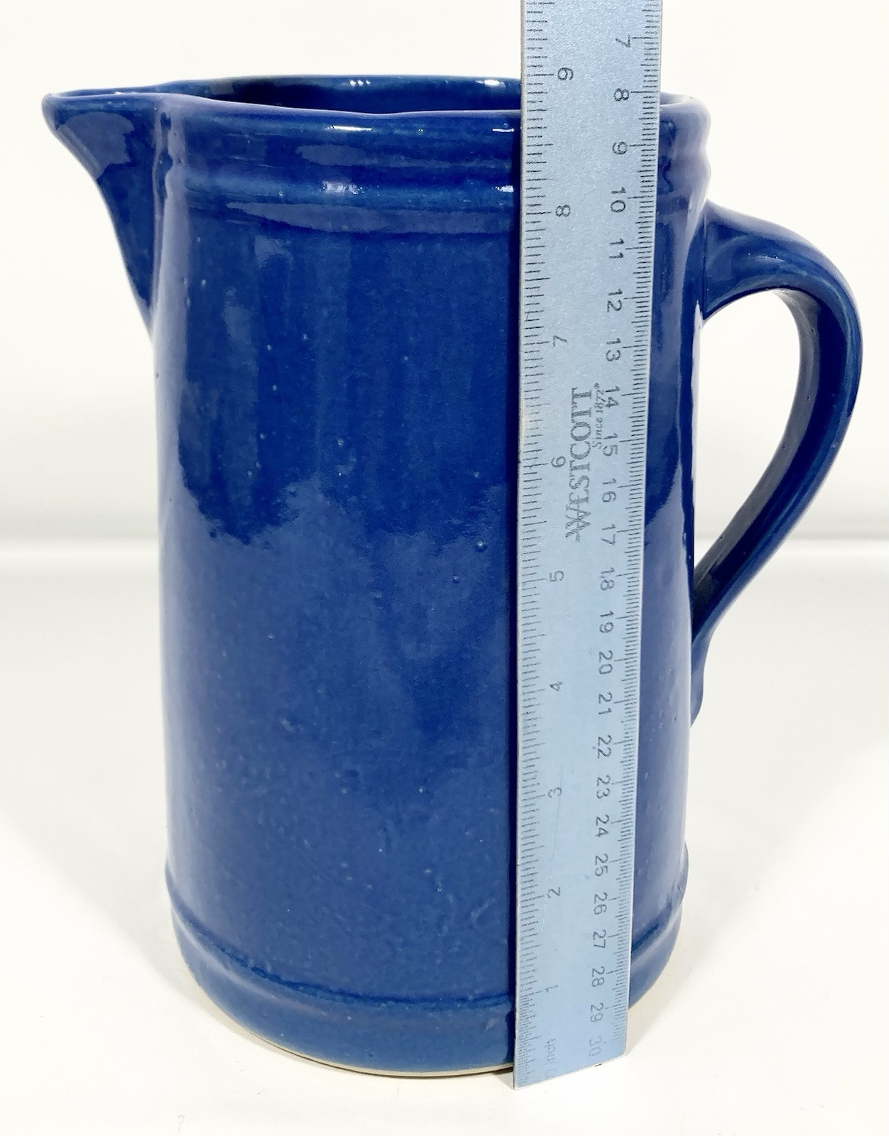 Vtg Antique Cobalt Blue Yellow Ware Stoneware PITCHER Vase 2 Qt. 8 3/4″ Tall EX
