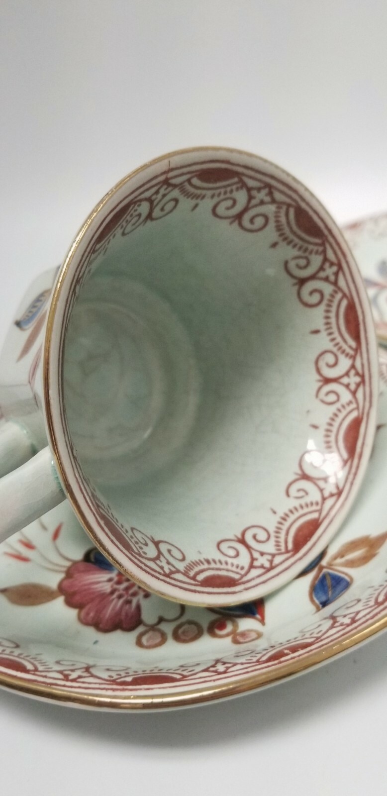 Calyx Ware hand painted 2 teacup saucer set gold light green rust blue England