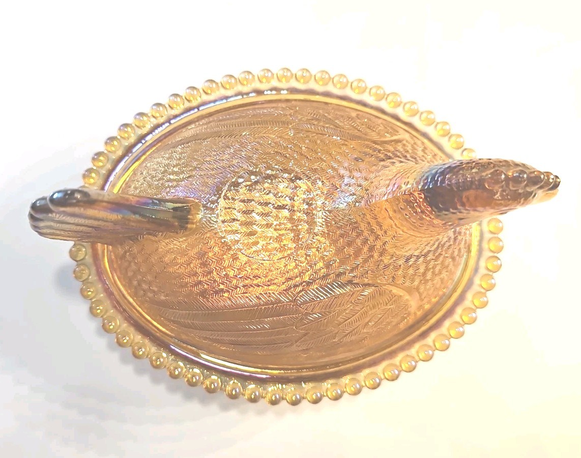 Vintage Indiana Golden Carnival Glass Hen on Nest Dish w/ Lid Oval Beaded Base
