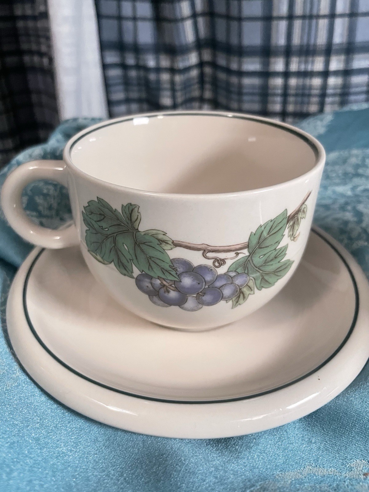 Noritake Epoch Wholesome Cup and Saucer 8 Oz Cream Stoneware Fruit and Leaves
