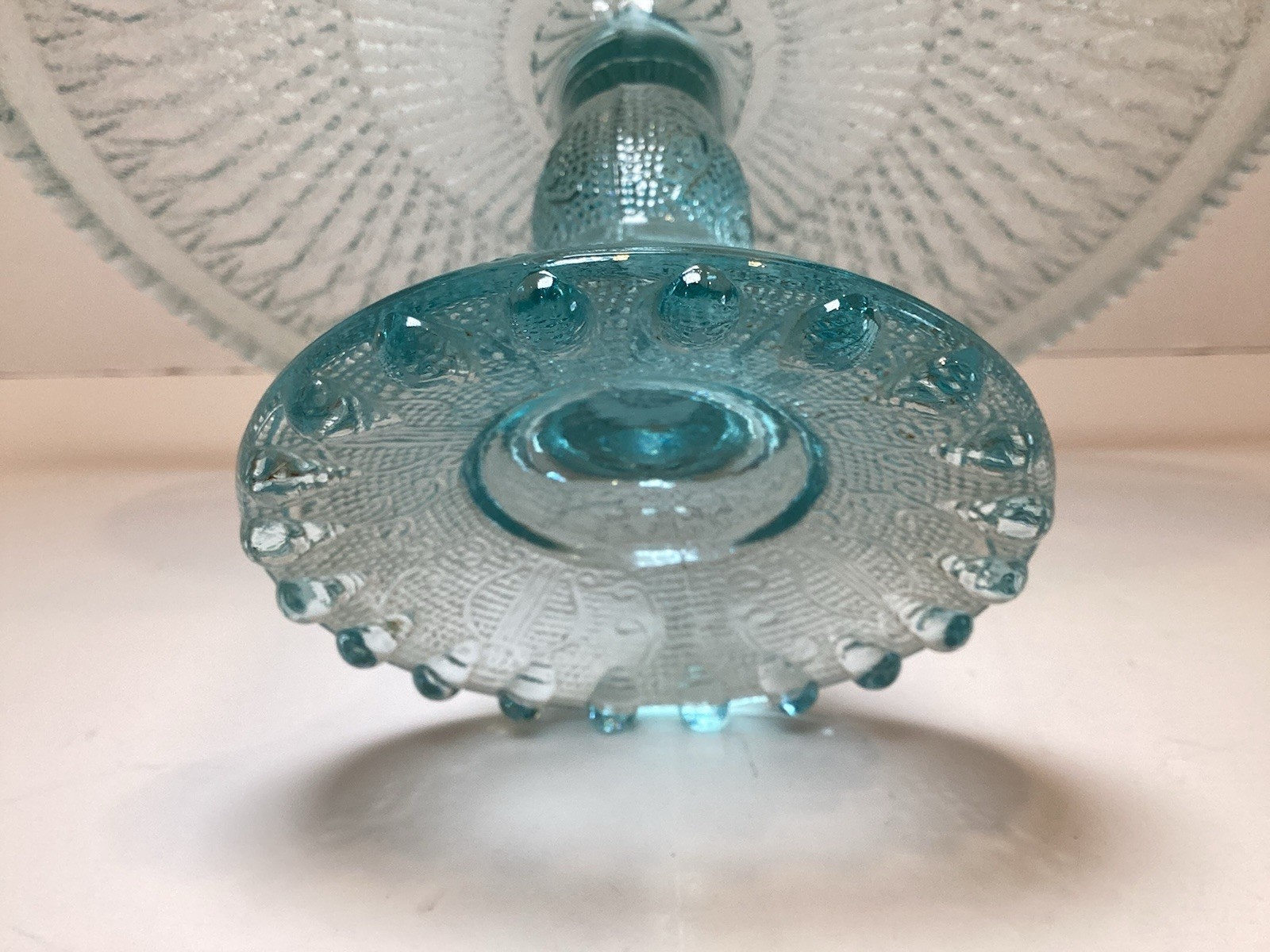 Jeannette Ice Blue Glass Harp Beaded Edge Pedestal Cake Stand 10” **READ**