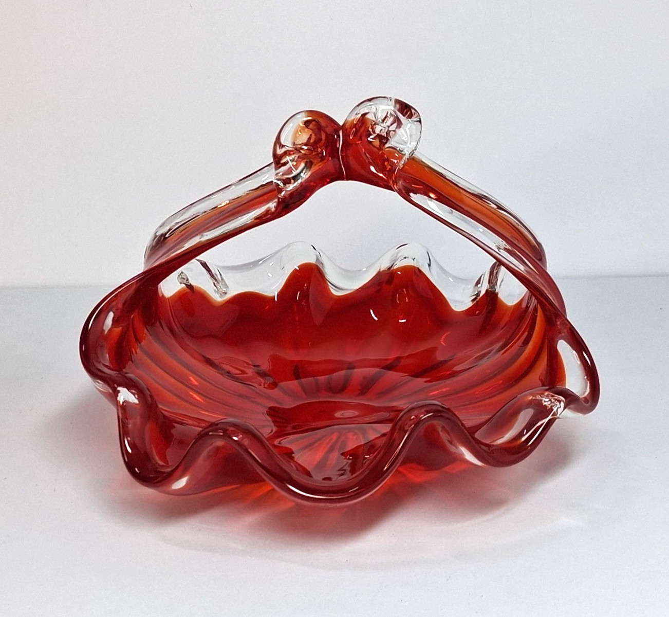 Vintage MCM Art Glass Free Form Handled Bon Bon Dish Red Persimmon Crystal Clear