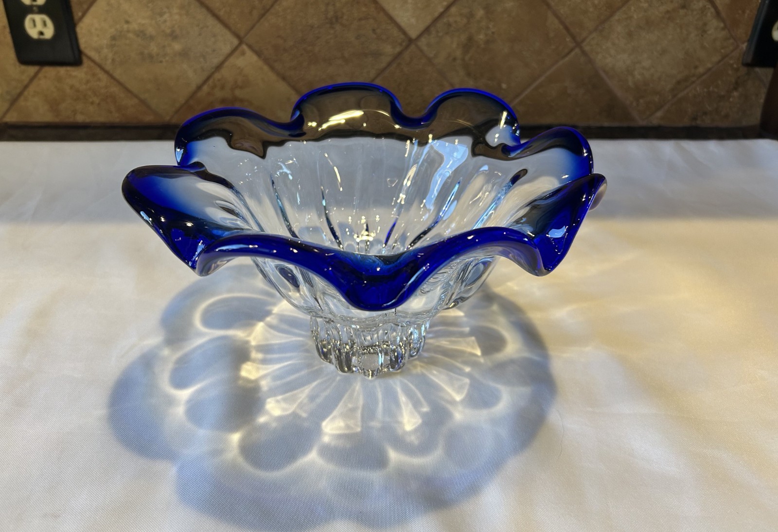 Shannon Crystal Designs of Ireland Clear/Cobalt Blue Crystal Ruffled Rim Bowl
