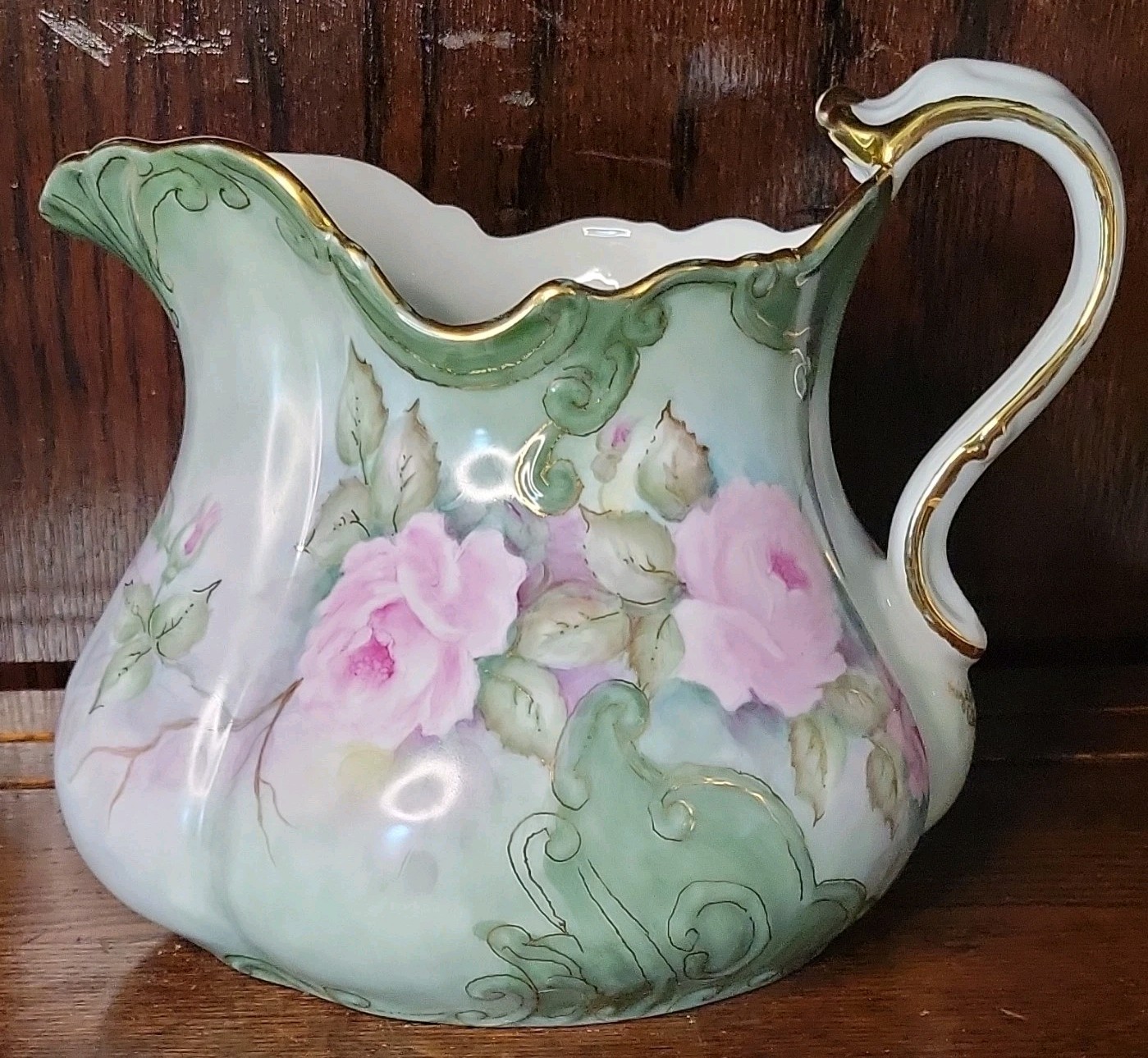 Lefton Heritage Roses Porcelain Pitcher White Pink Green Gold Trim
