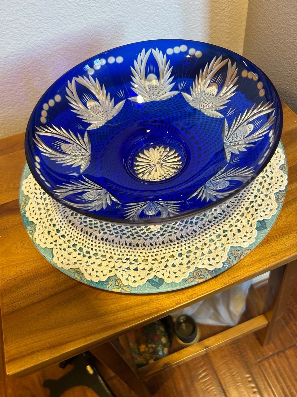 Rare VTG Cobalt Blue Crystal Bohemian Cut-to-Clear Bowl D-9.75″