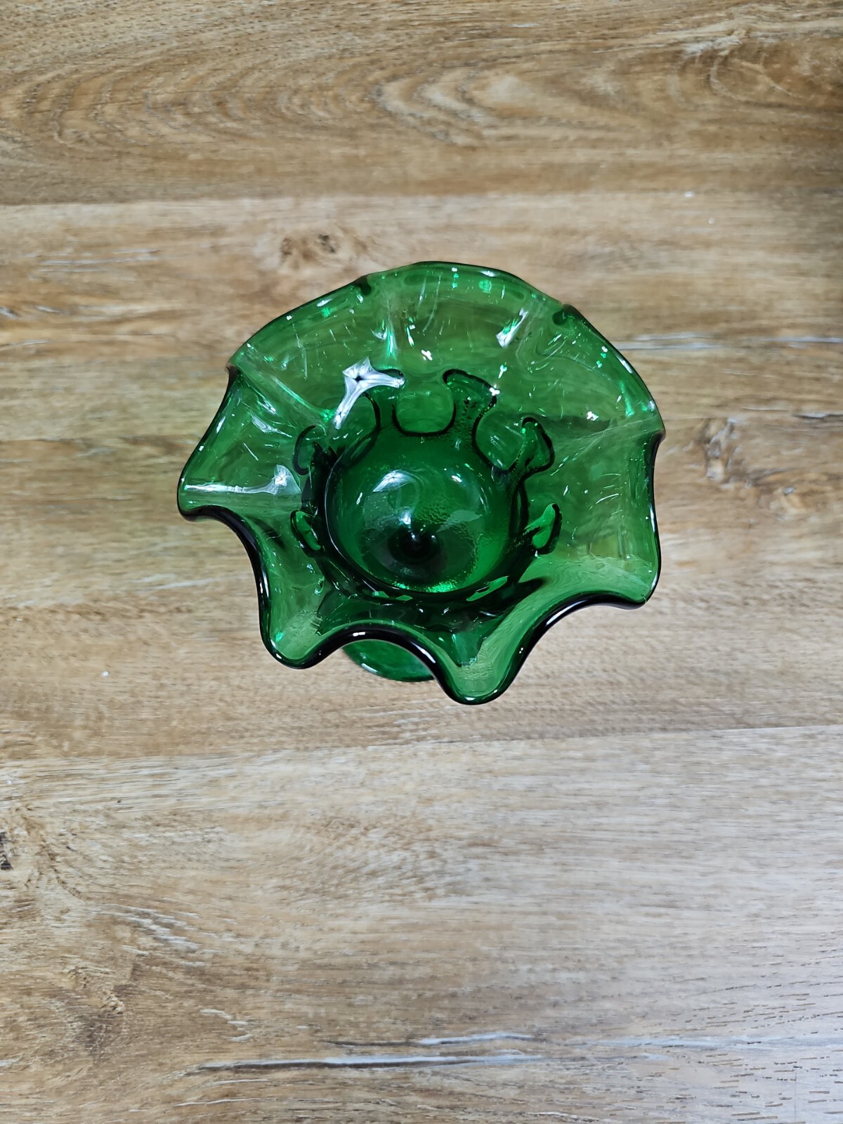 Viking Dark Green Glass Handkerchief Ruffle Top Candy Dish Compote Pedestal VTG