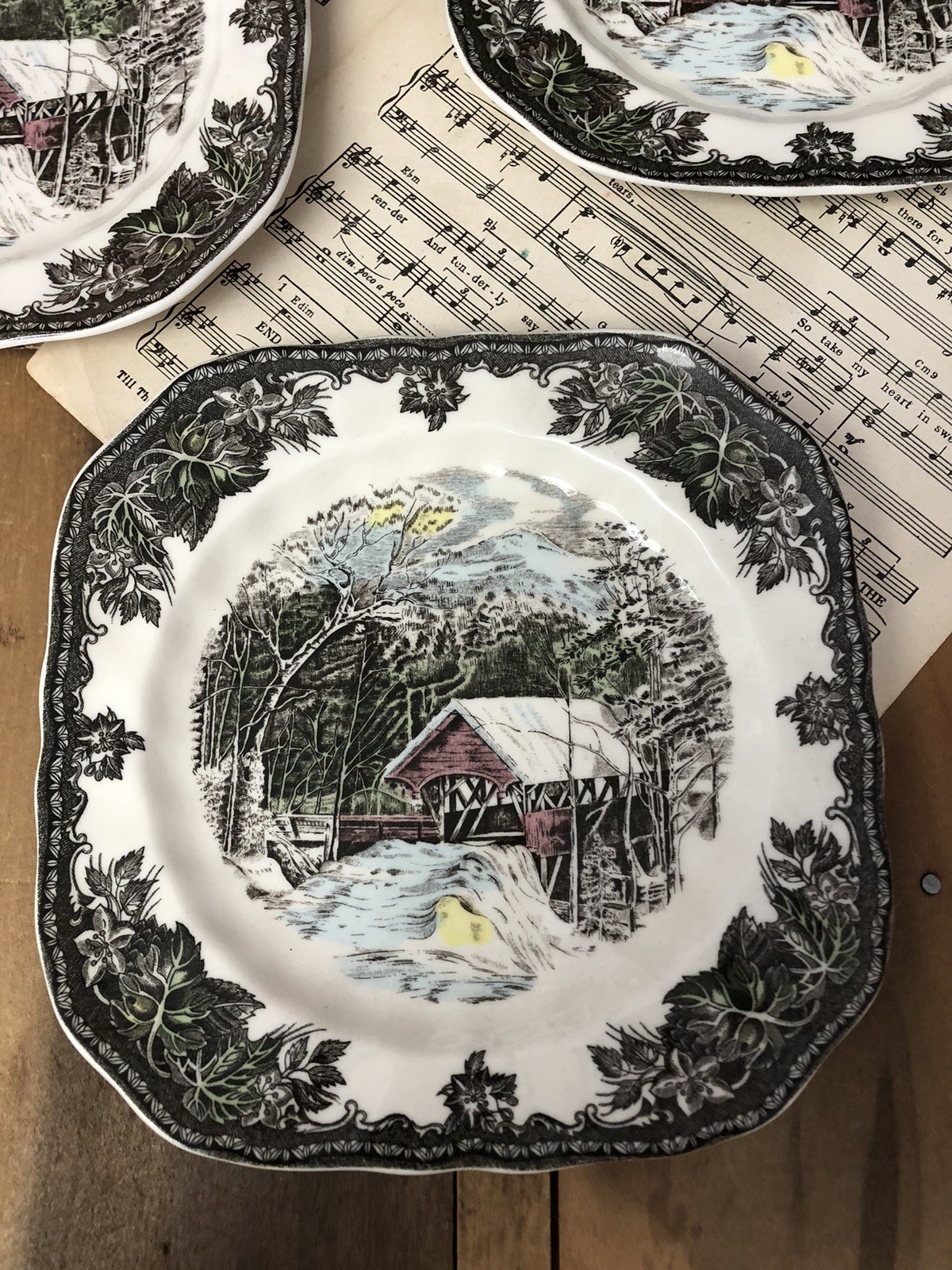 Johnson Bros The Friendly Village 4 Square Salad Plates 7.5″ Covered Bridge 1883