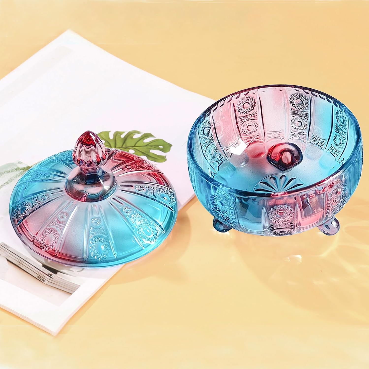 Purple-Blue Glass Candy Dish with Lid,Embossed Candy Jar with Lid 16Oz,Vintage