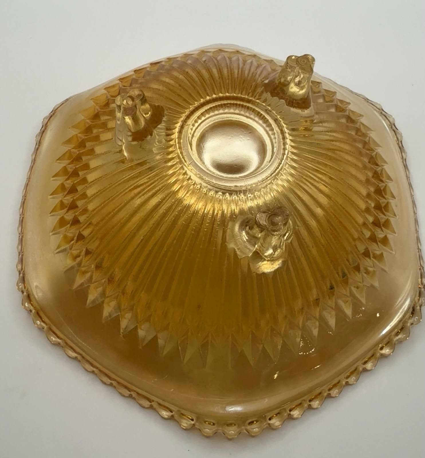 Vintage Carnival Glass Jeanette Glass 3 Footed Marigold ‘Anniversary’ Bowl 6.5”