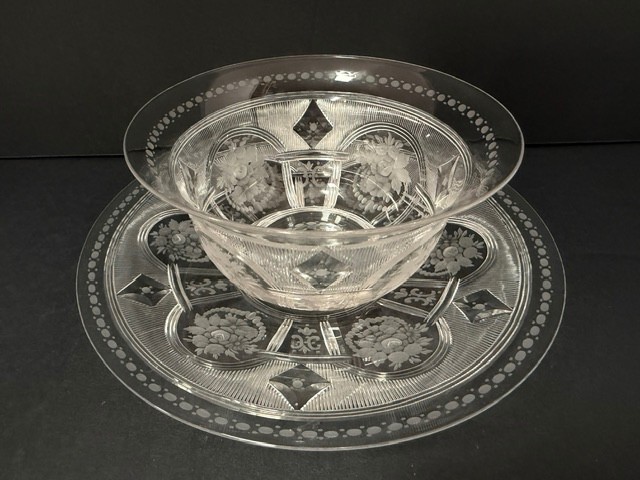 Sinclaire Silver Threads pattern finger bowl & underplate. signed. Am. Cut glass