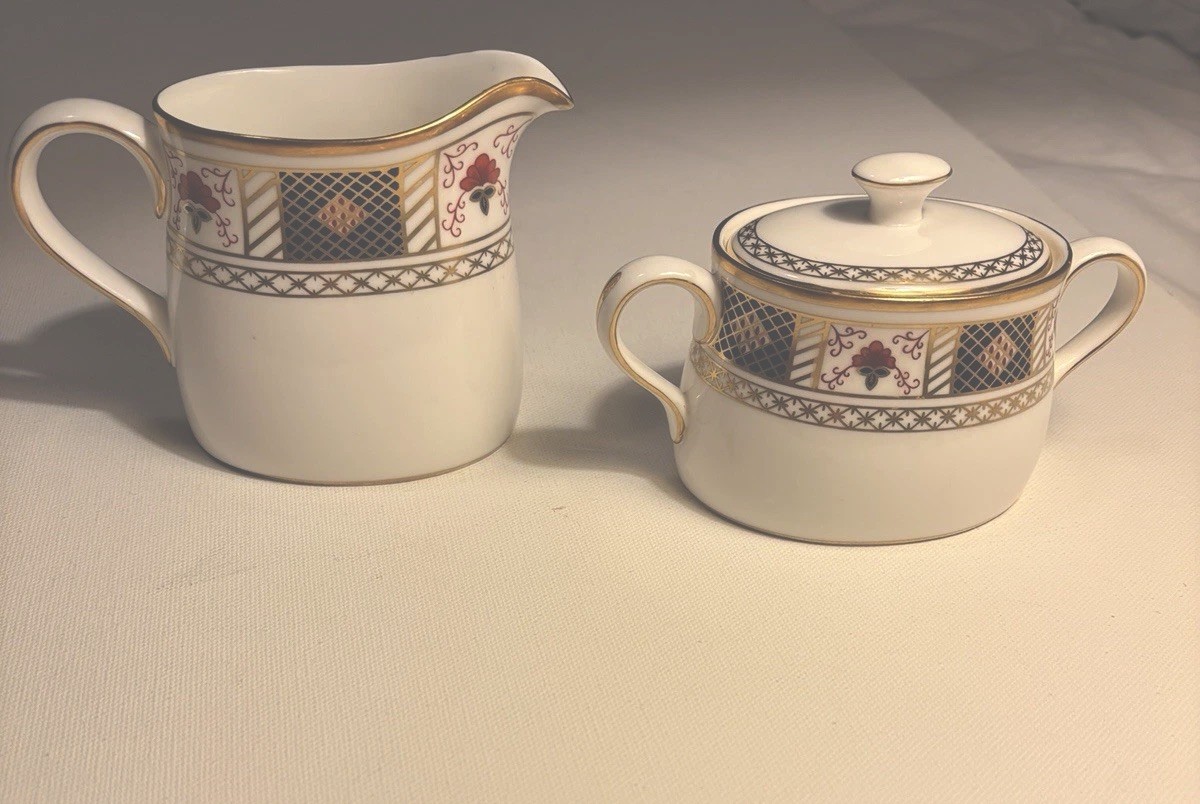 Royal Crown Derby Bordered Covered Sugar Bowl And Creamer