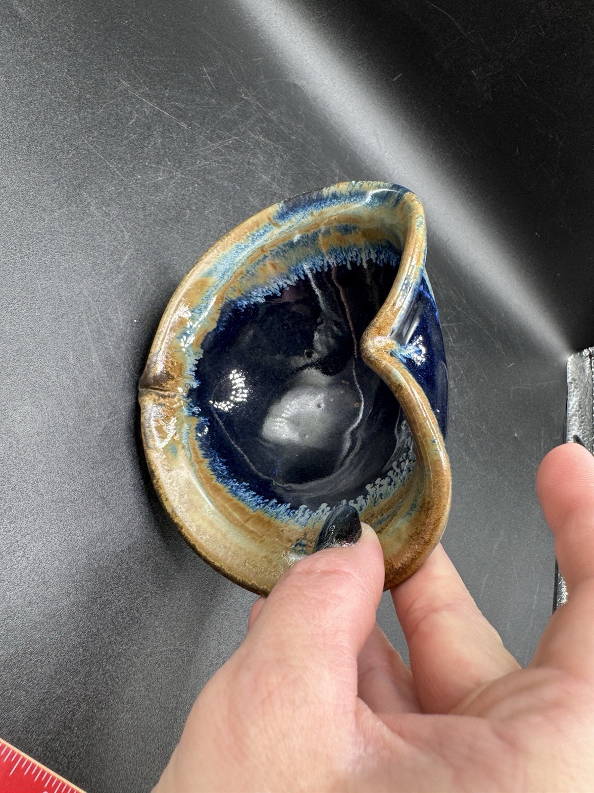 Pigeon River Pottery Heart Shaped Bowl Blue Beige Drip Glaze Signed Ceramic 5.5”