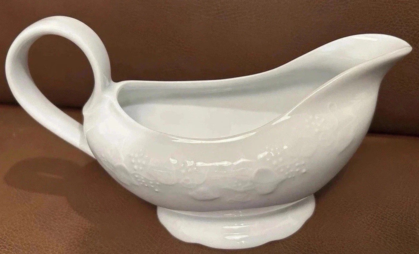 Dansk Ivy Embossed Fruit and Leaves White Gravy Boat, Or Use As Vase, Planter