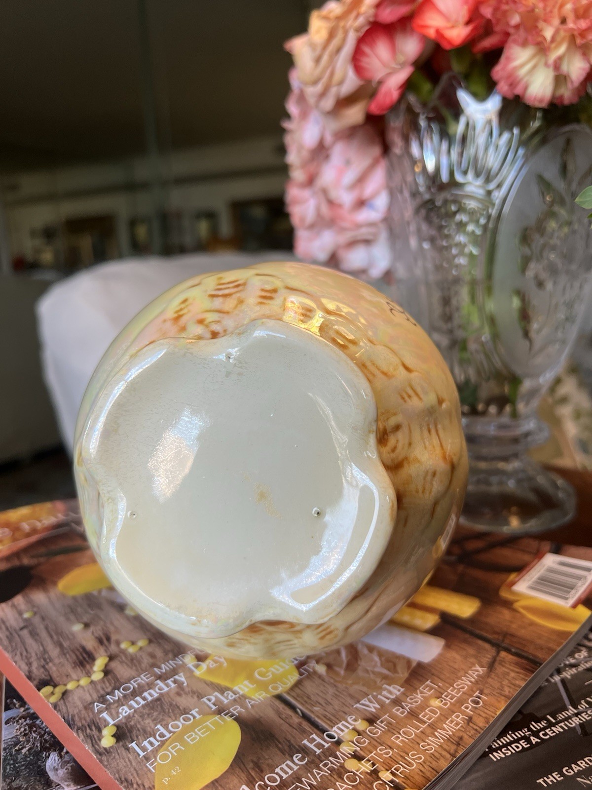 Vtg Iridescent Lusterware Ceramic Pitcher Yellow Dahlia Opalescent Swirl