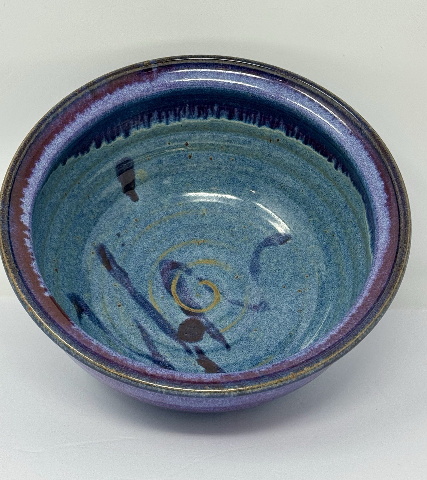 Vintage Studio Pottery Bowl Blue Purple Drip Glaze Handmade Ceramic Signed 7.75”