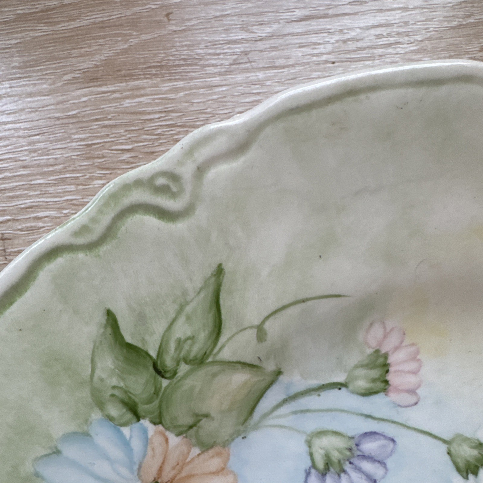 Vintage Hand Painted Floral 9.5” Dinner Plate Green Border Cottagecore Decor