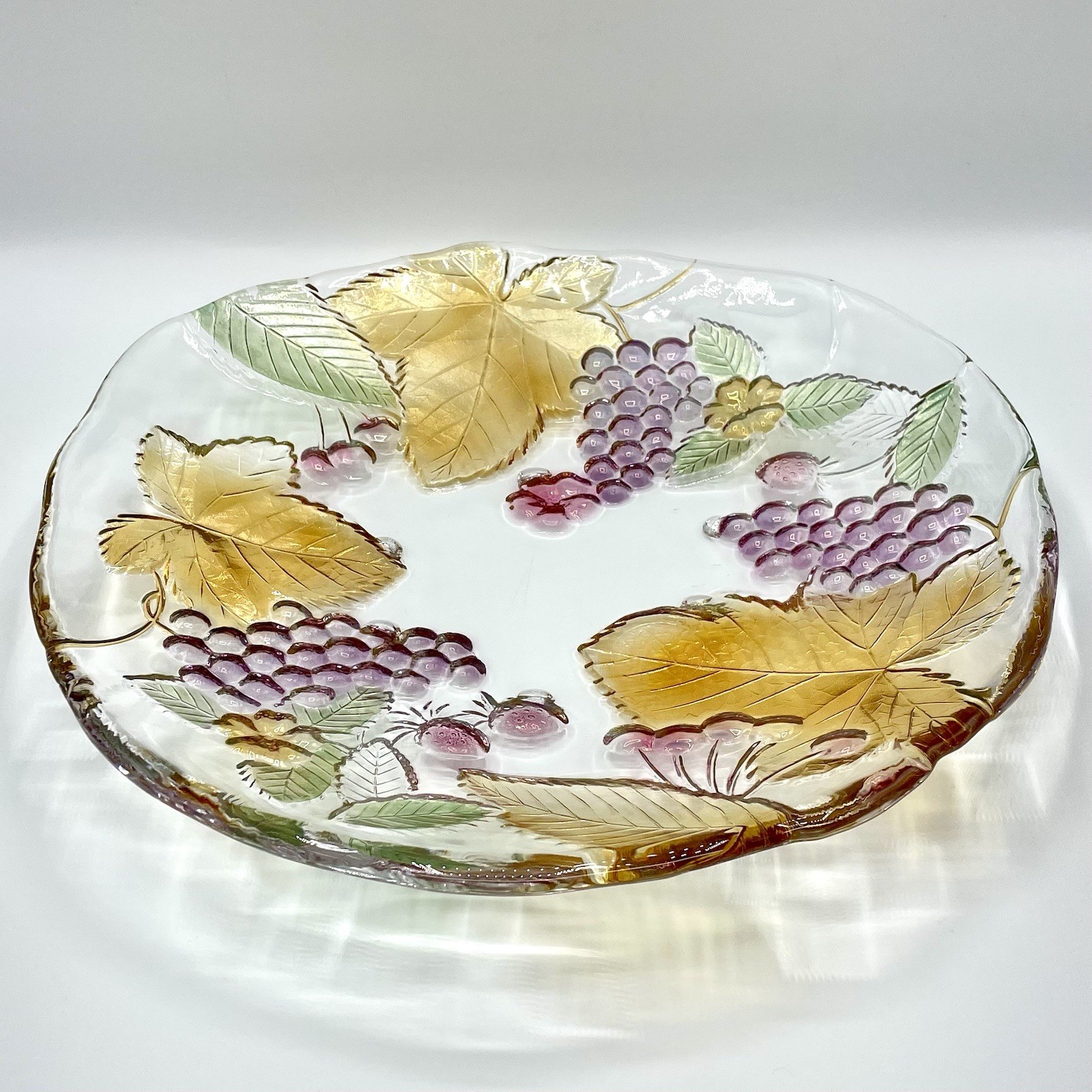 Chablis by Mikasa Decorative Glass Platter Plate Amber Leaves Purple Grapevine