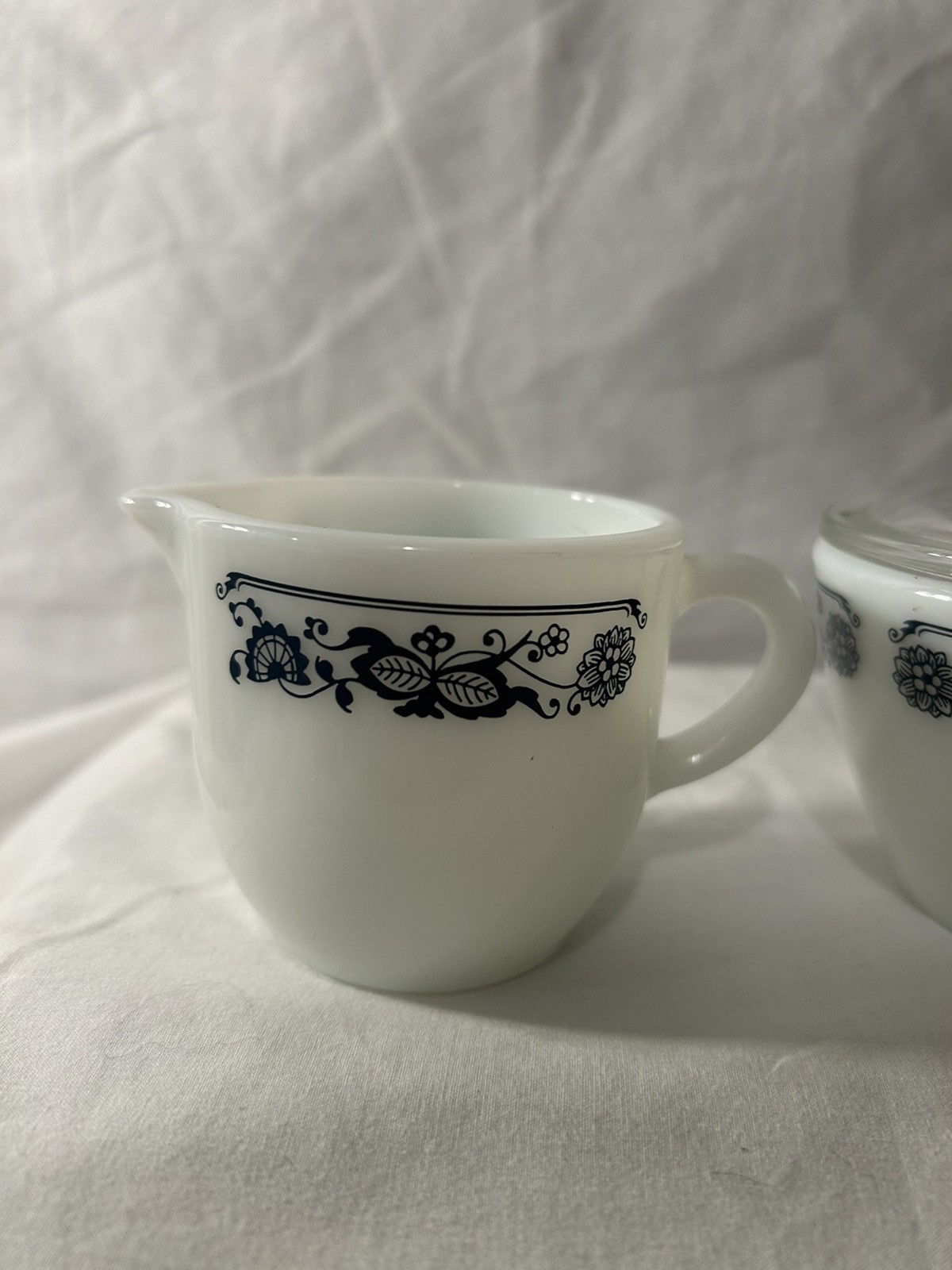 Vintage Corning Pyrex Glass Sugar Bowl with Lid and Creamer Blue Onion