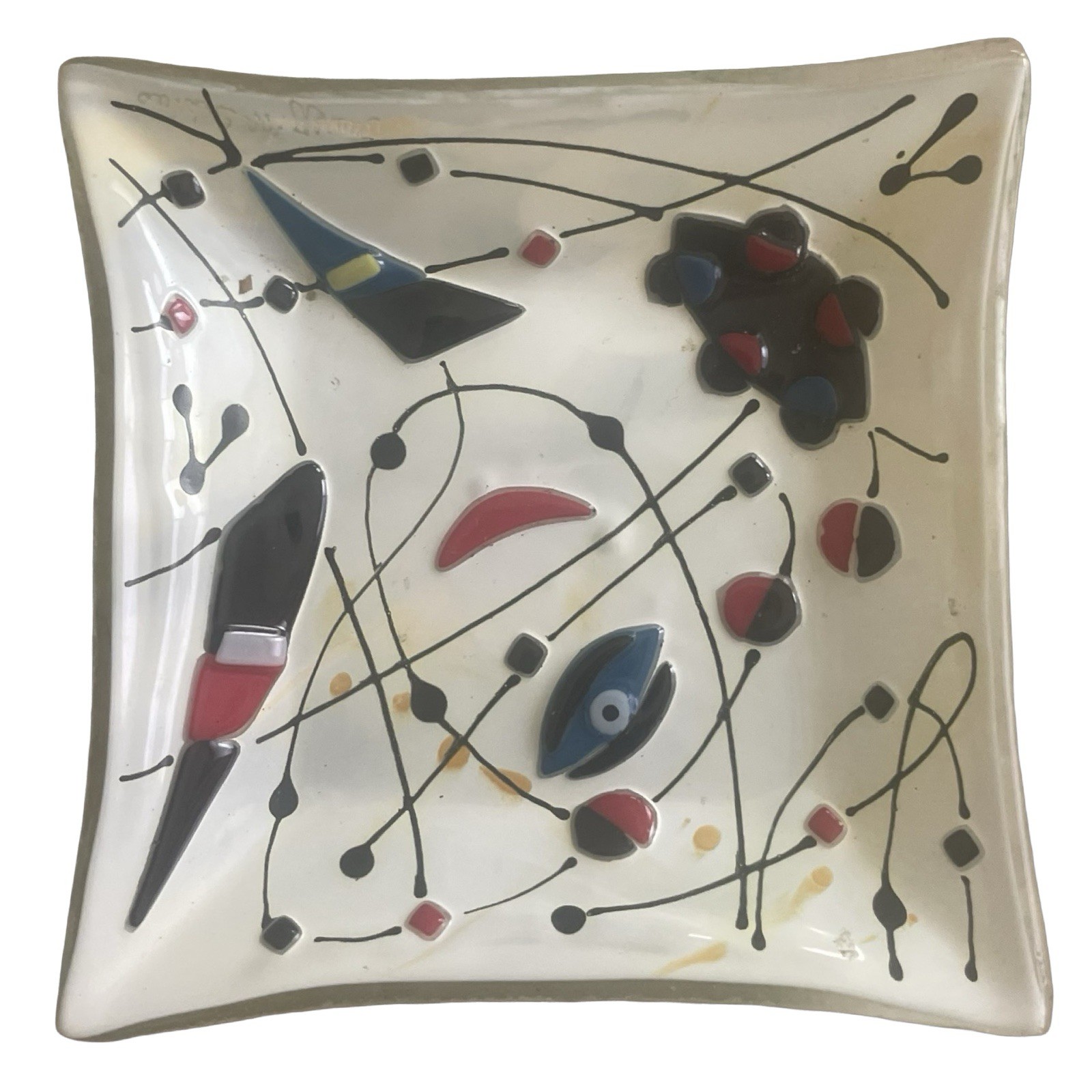 Vintage Fused Glass Abstract Art Plate Miro Kandinsky 6”” Square White