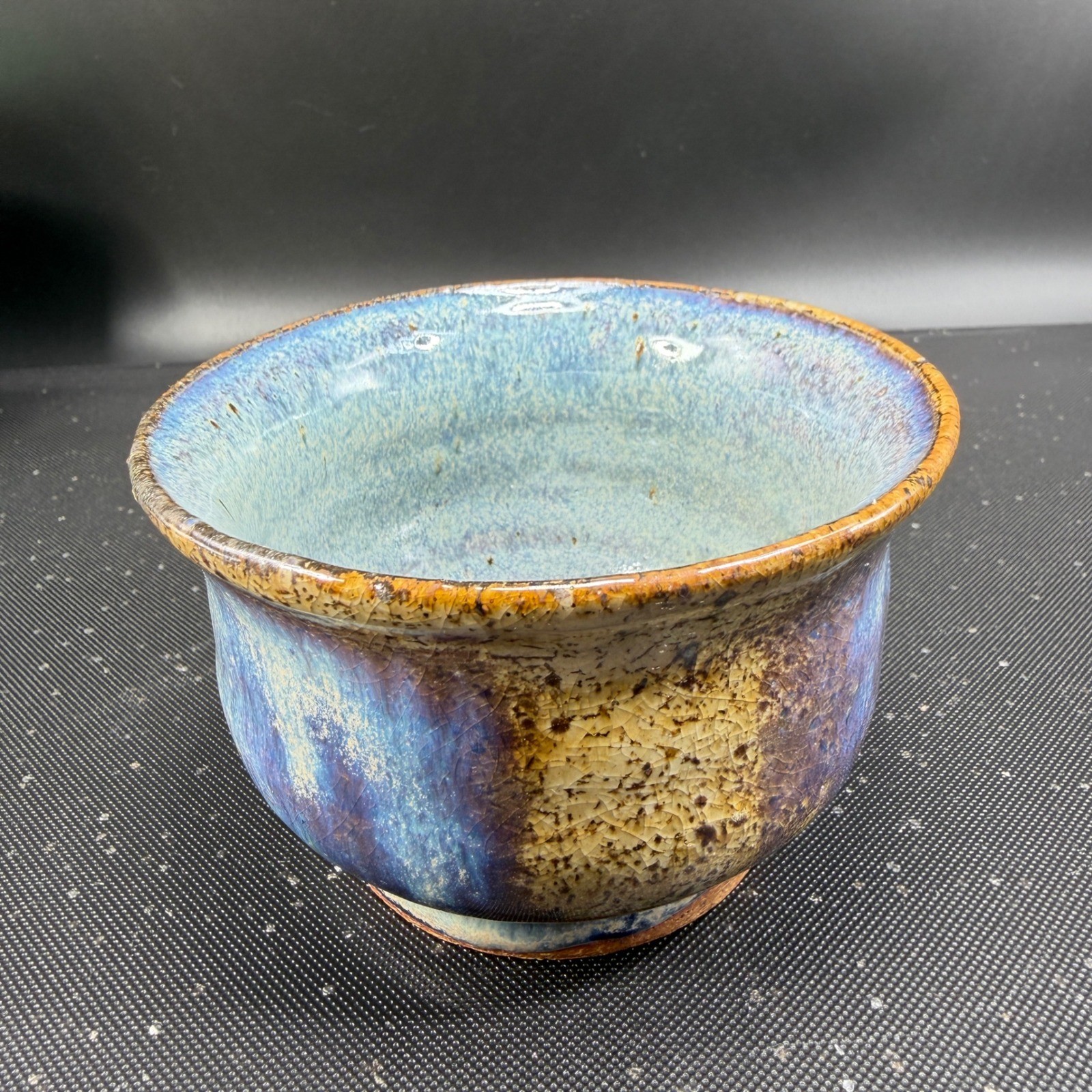 Signed Studio Art Pottery Blue Purple Drip Glaze Stoneware Bowl Handcrafted 4in