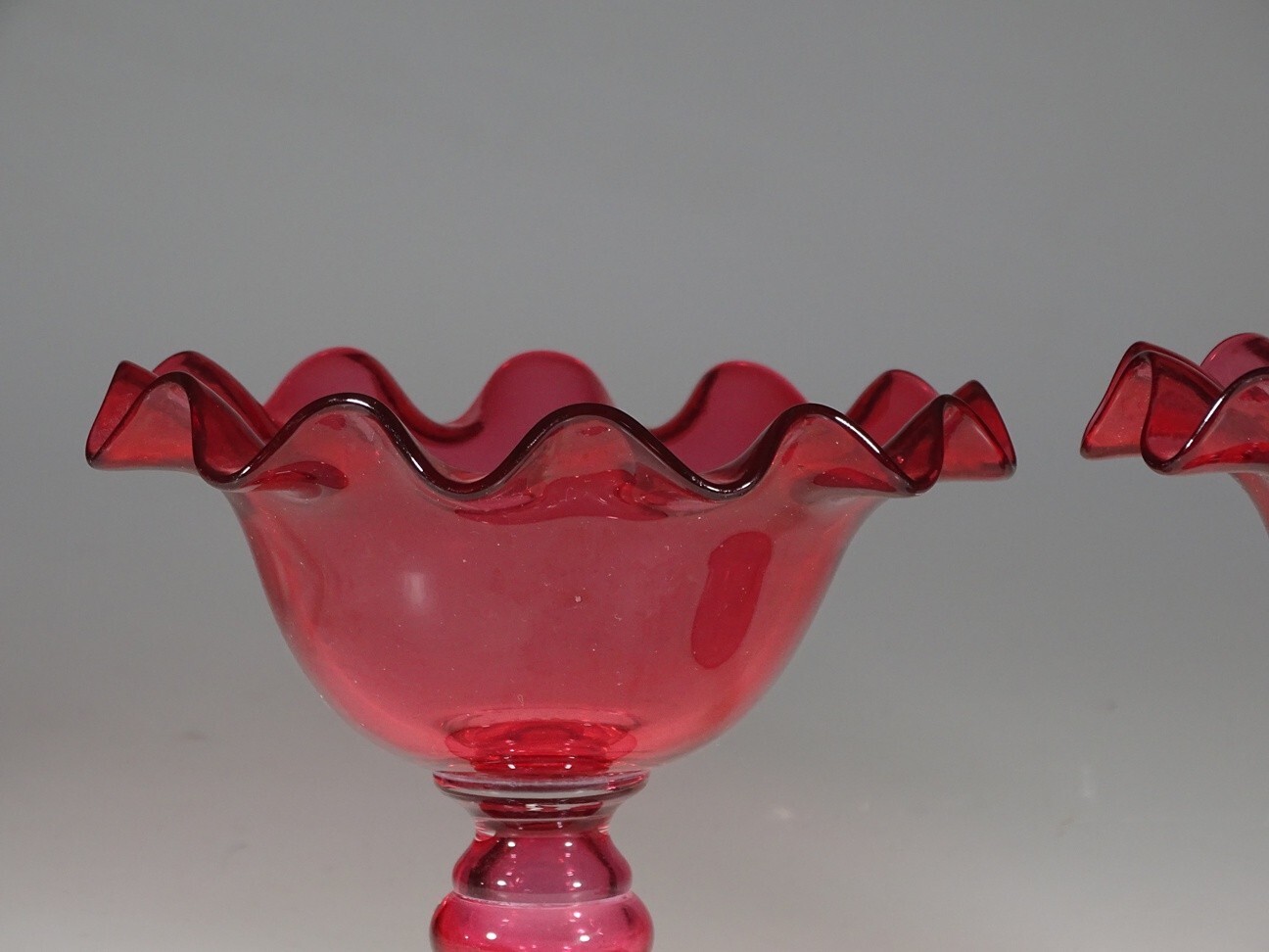 Matched Set of 2 British Victorian Cranberry Glass Compote Crimped Rim c.1895