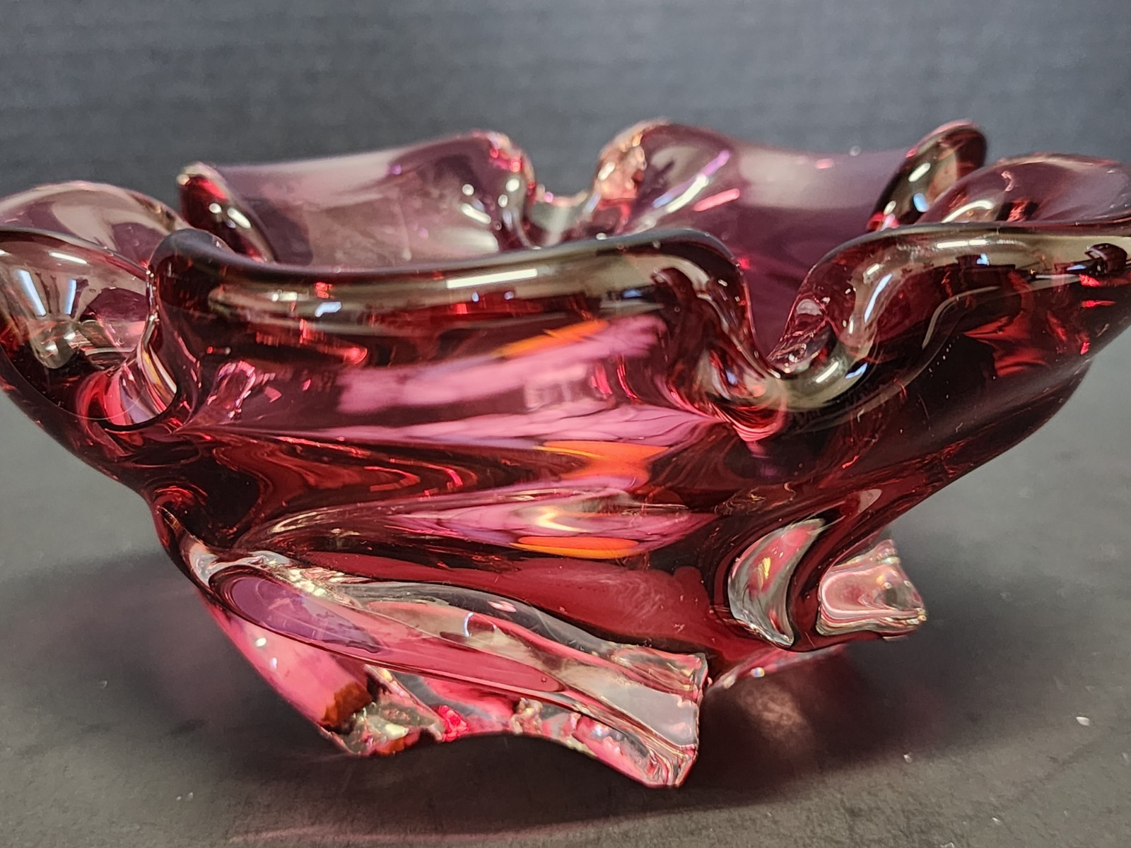 Bohemian Glass Bowl Pinched Side Purple Orange Swirled Bottom