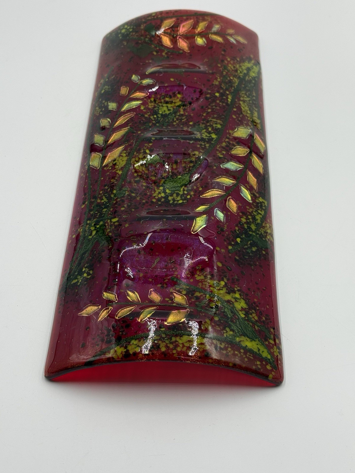 Fused Art Glass Red Green With Iridescent Leaves Rectangle Curved Decor Signed