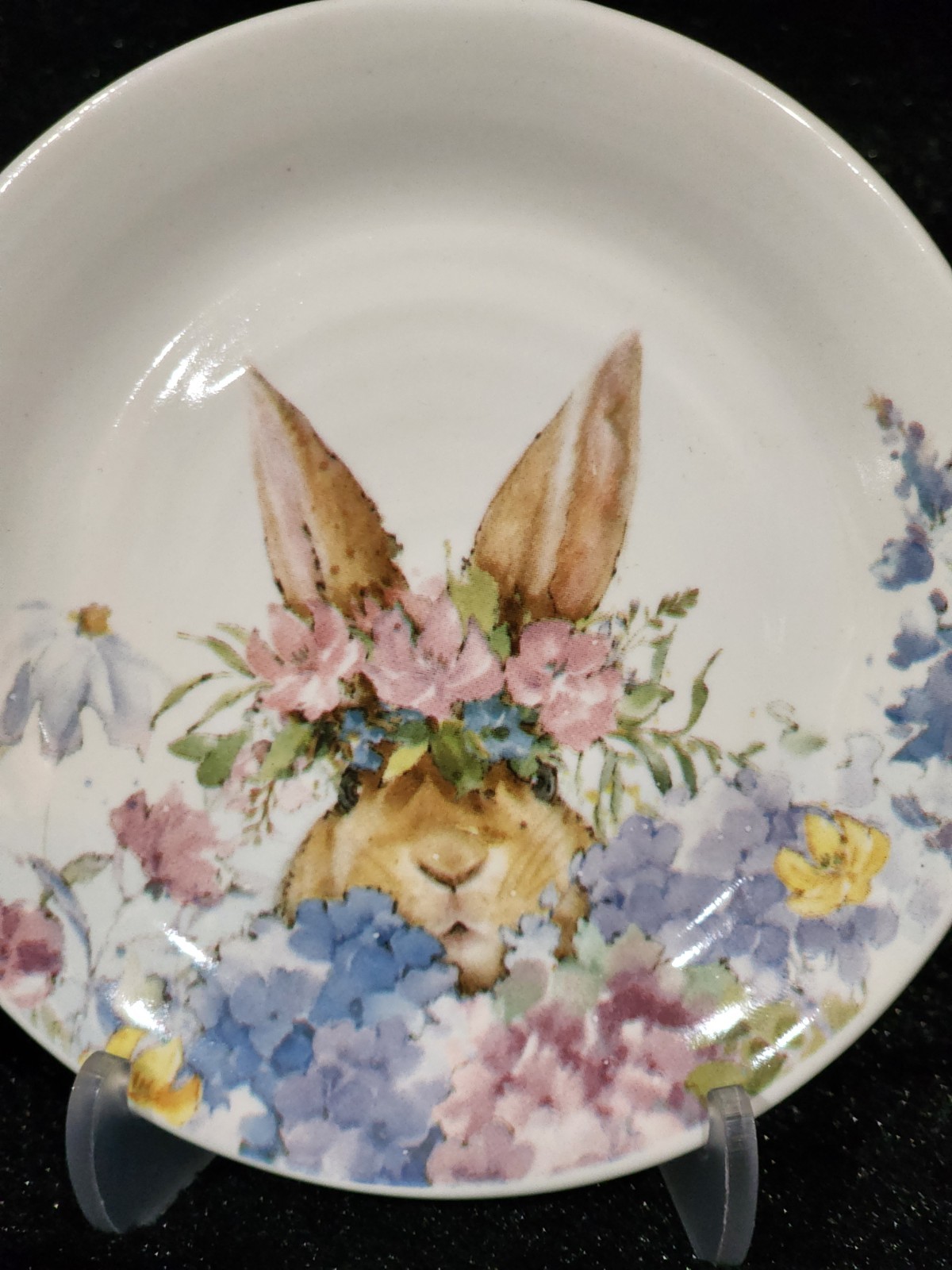 4 Watercolor Peeking Bunny Flowers Tidbit Plates 4″ Ceramic Easter Flower Crown