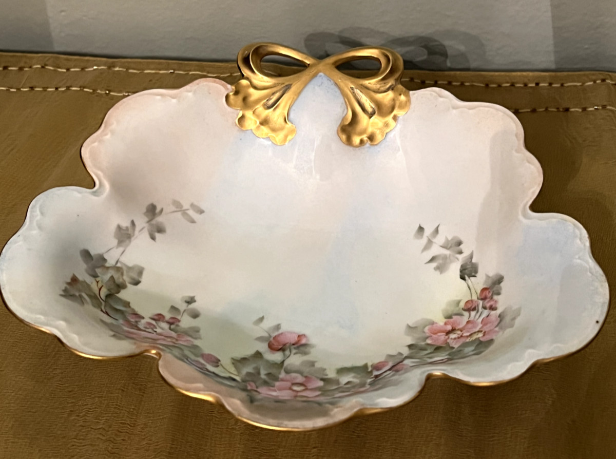 Antique JHR Alice Bavaria Gold Bow Handled Nut Dish Hand Painted Floral