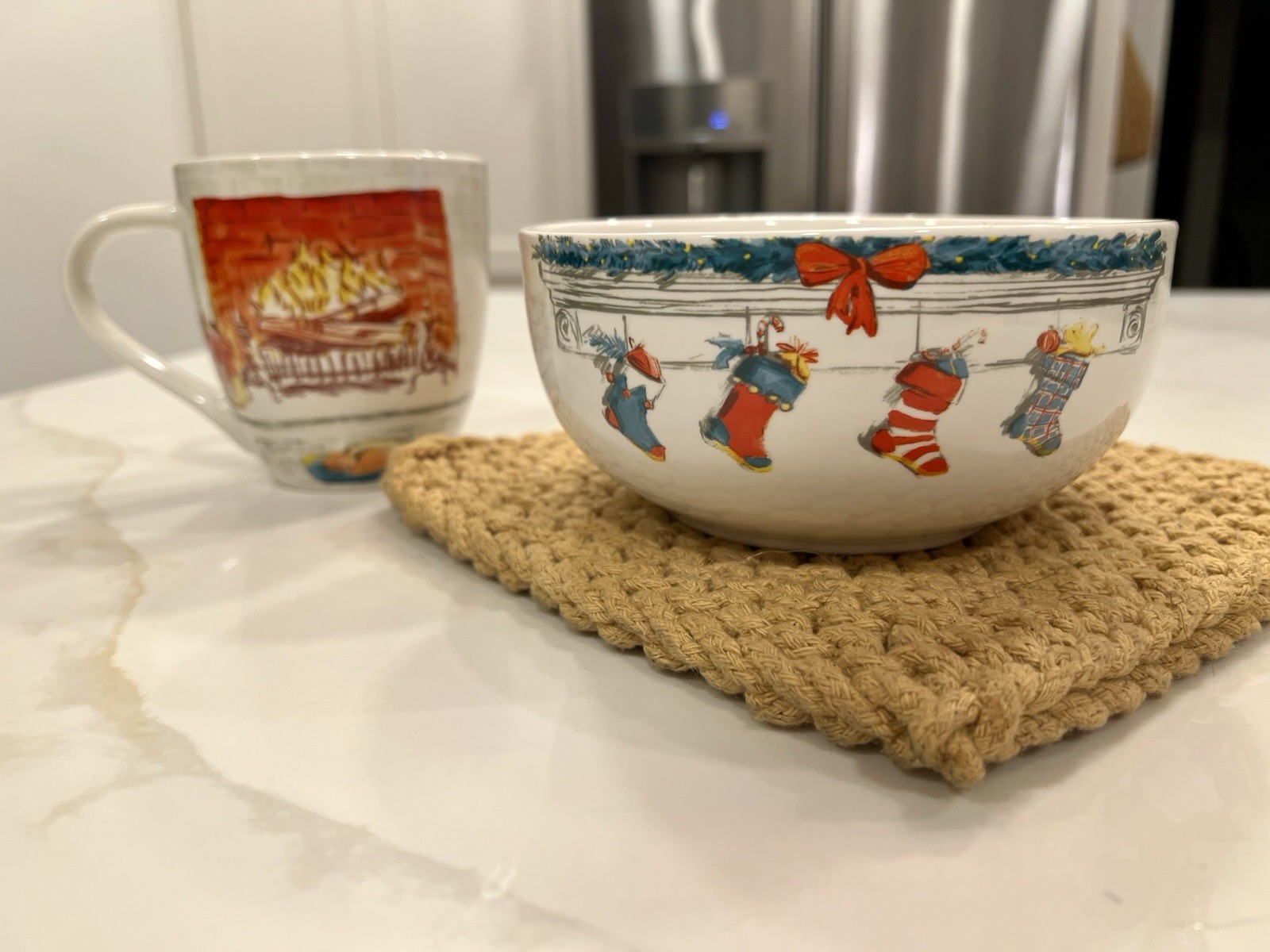 Eaton Fine Dining Christmas Mug and Bowl Set Fireplace Stockings Holiday