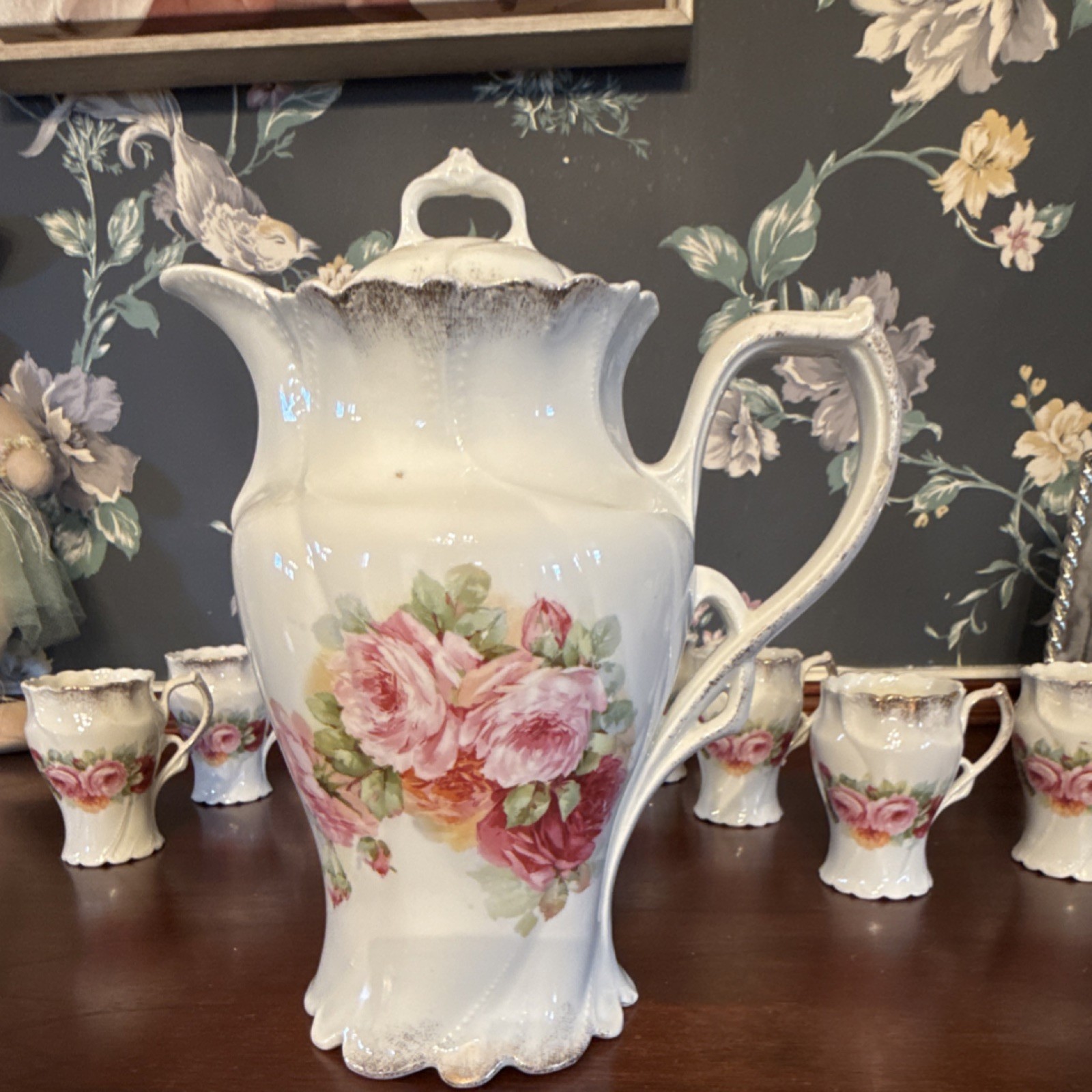 G.E. RANT Porcelain Floral Tea Set, 6 Cups & Pot, White Pink Green, Glossy